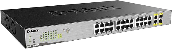 D-Link Ethernet Switch, 26 Port PoE Gigabit Unmanaged Rack-Mount Networking 24 x PoE (370 Watt), 2 x Gigabit Combo Ports (DGS-1026MP)