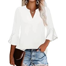 AKEWEI Women's 3/4 Length Bell Sleeve Tops V Neck Dressy Casual Shirts Ladies Loose Fit Blouses Tunic