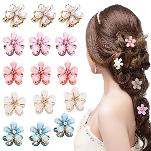 15 Pcs Small Mini Pearl Claw Clips with Flower Design, Sweet Artificial Bangs Clips Decorative Hair Accessories for Women Girls,with Strong Grip, Elegant Design for Weddings, Parties & Daily Use