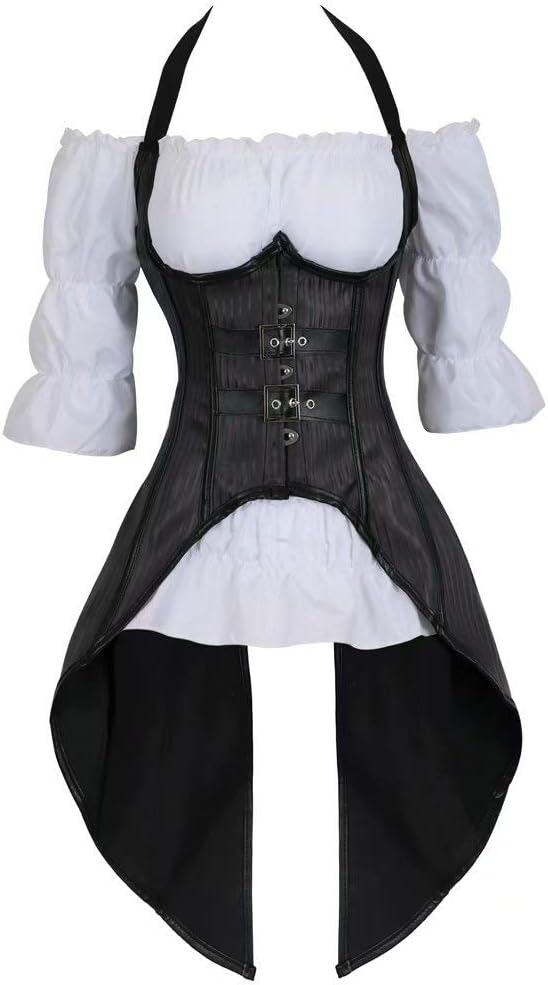 Underbust Corset Bustier top White Blouse Halter Neck 2 Piece Outfits for Women Set Exotic Gothic