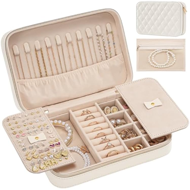 Lolalet Travel Jewelry Case for Women Girls, Travel Jewelry Organizer Box with Mirror & Clear Storage Bag, Small Portable Earring Necklace Bracelet Ring Case, Birthday Valentine Gifts -Medium, White
