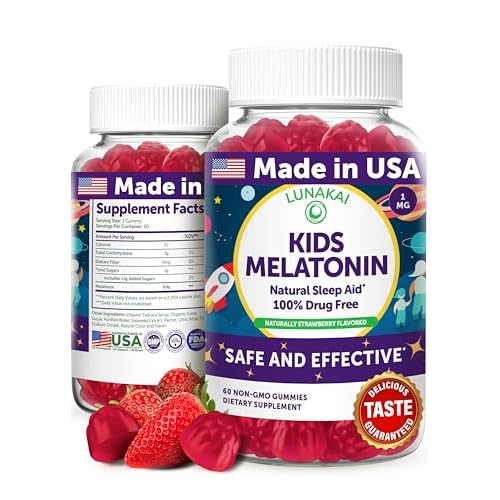 Lunakai USA Made Kids Melatonin Gummies 1mg - Safe & Natural Sleep Aid for Children 2 Non-GMO, Vegan, Gluten-Free - 60 Count