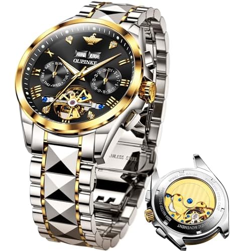 OUPINKE Men Watches Automatic Mechanical Tourbillon Diamond Luxury Dress Tungsten Steel Strap Luminous Waterproof Sapphire Crystal Calendar Best Gifts Watches for Men