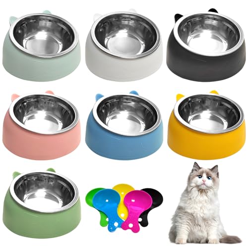 7 Pcs Raised Cat Food Bowl Stainless Steel Tilted Feeding for Little Cat Raised 15 Elevated Pet Dish for Kitten Puppy Anti-Slip Detachable Pet Stainless Steel Slope Base Food Bowl with 5 Food Scoop