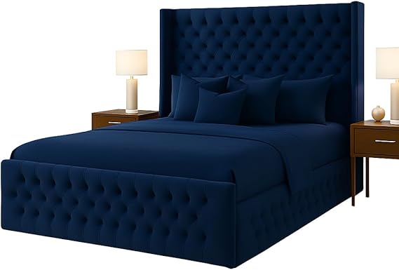 Atomic Sleep Luxury Chesterfield Wingback Bed Frame - Upholstered in Plush Velvet Fabric with Mattress/Gas Lift Option - UK Made (Navy Blue Plush, Double 4ft6 with gas lift storage)