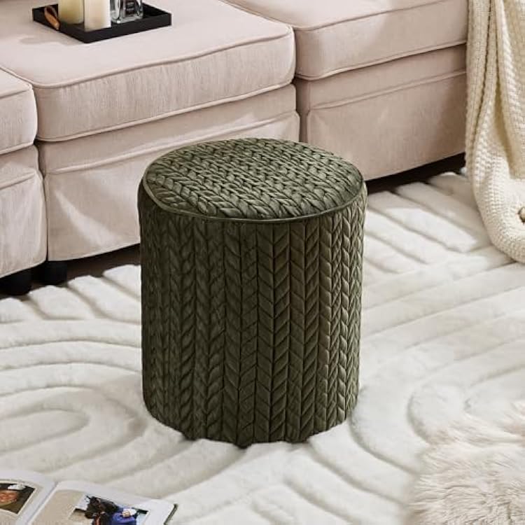 YDcosyfy Modern Round Ottoman, Braided-Tufted Foot Stool Ottoman, Velvet Upholstered Vanity Stool for Makeup, Bedroom, Living Room, Dark Green