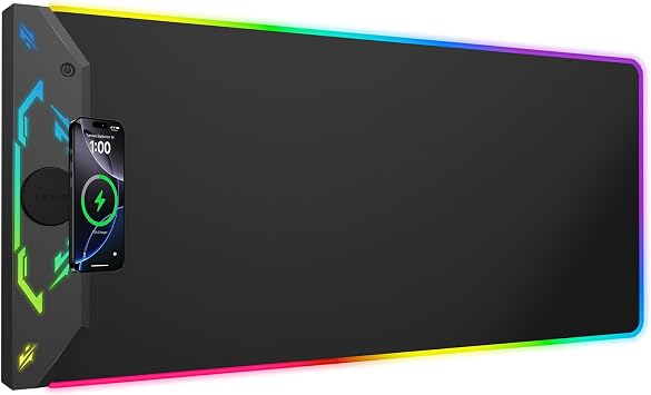 Gaming Mouse Pad RGB, 35"x15.8" Large Keyboard Desk Mat with Magnetic Wireless Charging for iPhone, 24 Light Effects, Non-Slip Base, Waterproof Ultra-Smooth Surface, with Adapter, Black