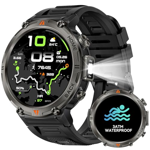 Military Smart Watch for Men GPS Watch with Flashlight Compass 3ATM Waterproof Rugged Tactical Smartwatch Bluetooth Calling 1.45 HD Sports Watch Fitness Watch Compatible with iPhone Samsung