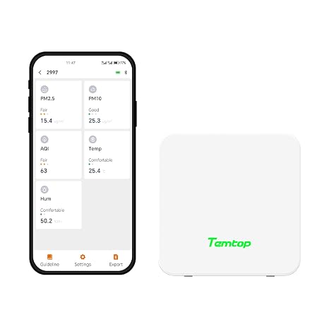 Temtop P1 Air Quality Monitor - PM2.5 PM10 Temperature & Humidity with Real-time AQI & Bluetooth App (for Home Office Car)​