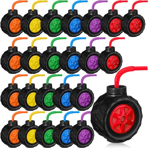 Mifoci 24 Pack Monster Truck Cups Set 17 oz Truck Tire Plastic Cup with Straw for Kids Construction Birthday Party Supplies Decoration