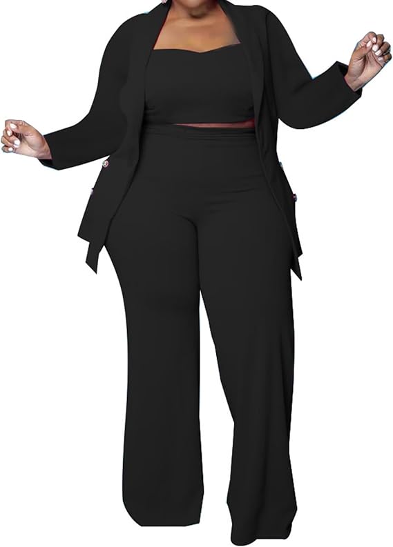 Women Plus Size Pantsuits 3 Piece Set Blazer Pant Business Casual Outfit