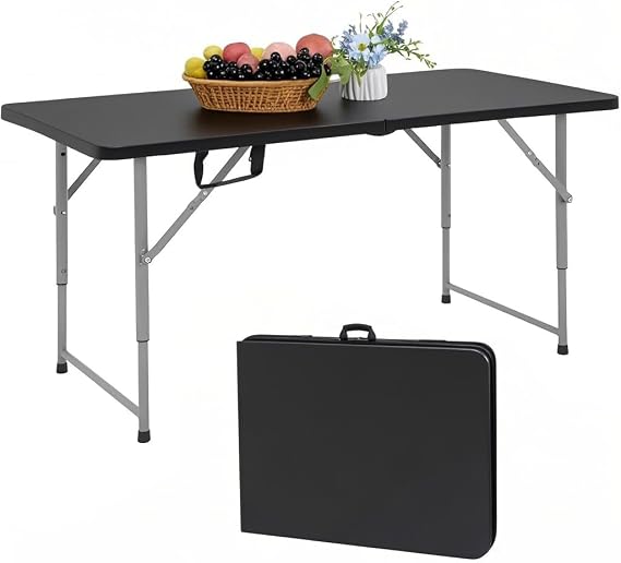 4ft Folding Table Heavy Duty Foldable Table Lightweight Plastic Table with Reinforced Legs for Indoor Outdoor Use Perfect Portable Folding Tables for Parties, BBQs, Weddings, Camping Black