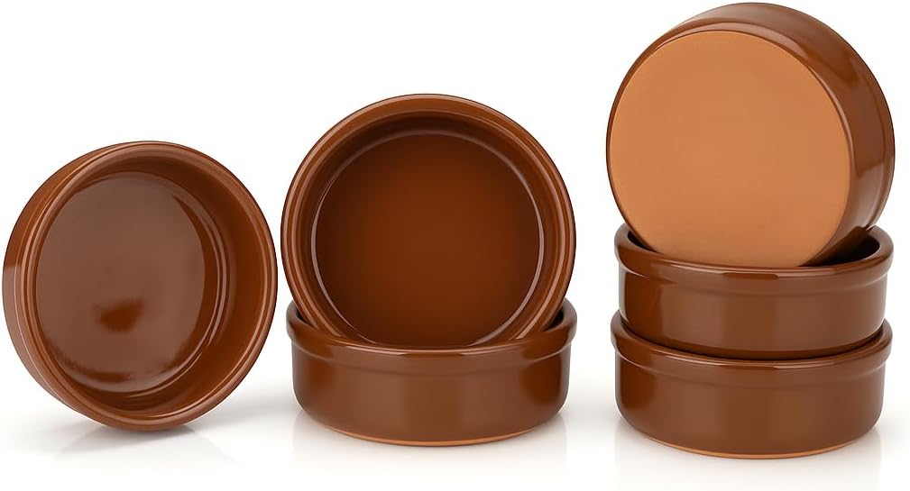 Areste Mexican Clay Cookware Set of 6 – Full Brown Terracotta Pots, Bowls, Plates & Serving Dishes – Spanish Earthenware for Baking, Yogurt, Kheer, Meat, Vegetables – Cazuelas Mexicana
