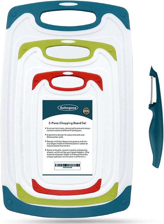 ROTTOGOON Plastic Chopping Board Set with Juice Groove for Kitchens | 3PCS BPA Free Plastic Cutting Boards, Dishwasher Safe, Non-Slip Feet, Easy Grip Handle