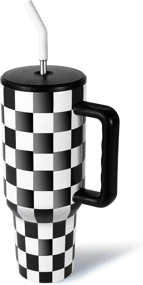 CHLJAR 40 oz Tumbler with Handle, Checkered Insulated Tumbler Stainless Steel Vacuum Water Bottle Cup Travel Coffee Mug Gifts for Men Women Birthday Christmas, Black and White Gloss