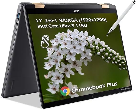 Acer Chromebook Plus Spin 714 2-in-1 Laptop with Google AI, 14 Full HD IPS Touch, Intel Core Ultra 5 115U, 8GB LPDDR5 512GB SSD, Backlit KB Wi-Fi6E Chrome OS Steel Gray, w/Stylus Pen, W/GaLiMu