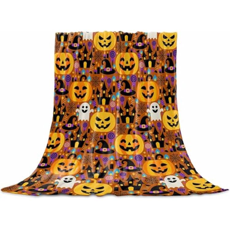 Flannel Fleece Blanket 60 x 80, Halloween Microfiber Cozy Soft Throws for Women, Orange Yellow Pumpkin Ghost Candy Castle Lightweight Throw Blankets for Couch, Sofa, Bed, Living Room, Bedroom