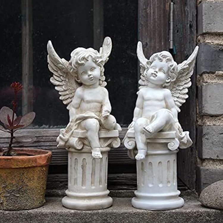 Set of 2 Cherub Angel Garden Statue Figurine Roman Pillar Greek Column Angel Statue Figurine Sculpture Indoor Outdoor Home Garden Decoration Weathered Antique Resin 9.8