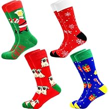 CAMIRUS 4 Pairs Cute Dog Snow Christmas Tree Santa Claus Patterned Cotton Xmas Socks, Unisex-Adults Crew Socks, Red, Green, Size 20-25