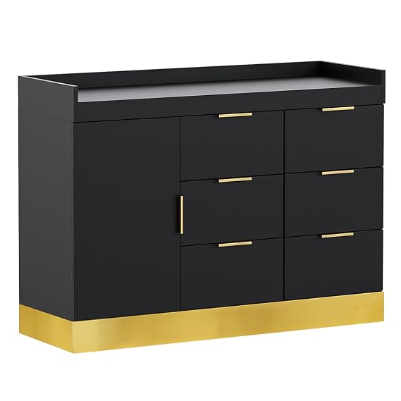 OmySalon Salon Station for Stylists, Free Standing Barber Vanity with 6 Drawers, 1 Cabinet & Adjustable Shelves, Large Storage Hair Beauty Furniture for Barbershop, Black Gold