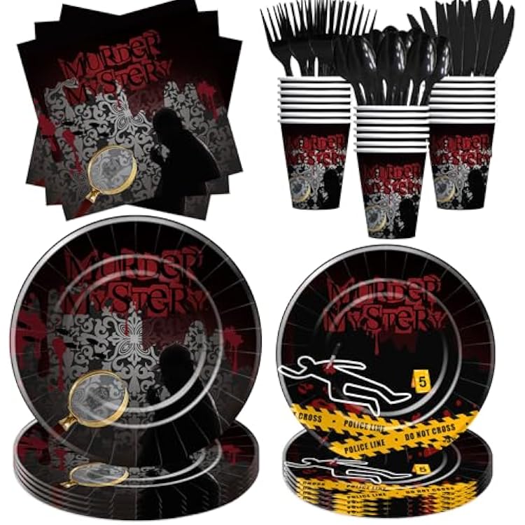 Murder Mystery Decorations Party Tableware, Escape Room Clue Game Detective Theme Murder Mystery Birthday Supplies, Paper Plates and Napkins Set, Cup, Cutlery, Serves 24