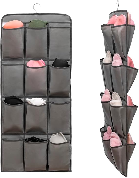 Dual Sided Hanging Shoe Organizer for Closet with 24 Large Pockets Hanging Shoe Rack Holder with Rotating Hanger (GREY)