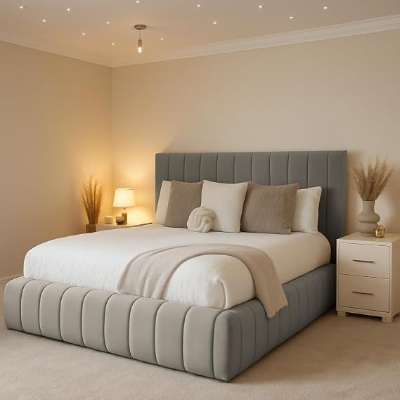 LUXURY DELUXE Small Double Bedframe with 48" Headboard, Upholstered Soft Plush Velvet 4FT Small Double Silver Bed Frame Wooden Slats - No Mattress - No Storage