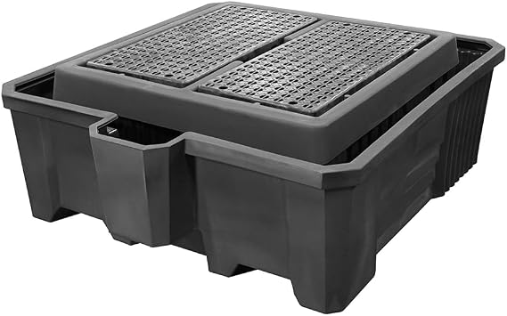 IBC Tote Spill Pallet, 385 Gallon Sump Capacity, Integrated 5 Gallon Pail Holder, Polyethylene, Forkliftable, Nestable, Removable Grates,  with Drain