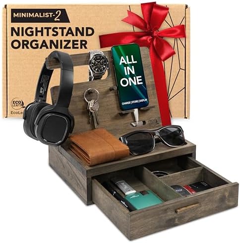 Nightstand Organizer for Men- Phone Docking Station with Drawer for Cellphone, Watches, Sunglasses & Accessories- Makes an Ideal Gift for Dad or Son Rustic
