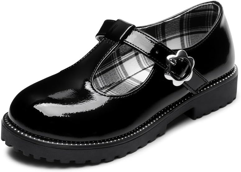 HOMEHOT Girls Mary Jane Dress Shoes with Metal Buckle Strap, Plaid Lining School Party Shoes