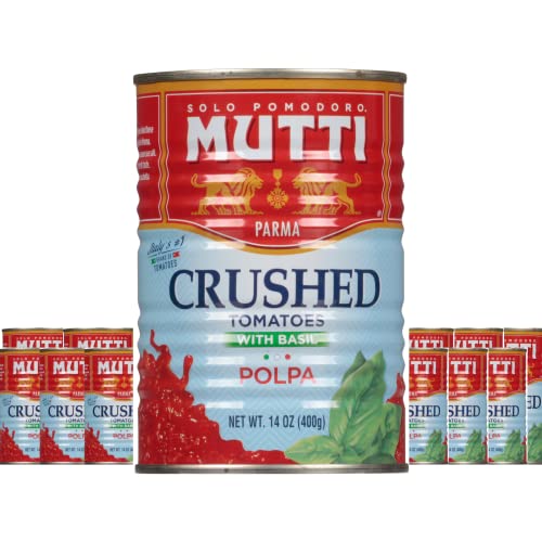Mutti Polpa Crushed Tomatoes with Genovese Basil D.O.P., 14 oz Pack of 12 100% Italian Tomatoes, Italys #1 Tomato Brand, No Additives or Preservatives, Vegan & Gluten Free