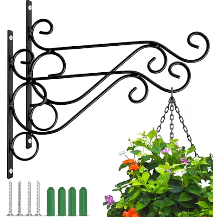 Preimum Black Plant Wall Mount Hanging Brackets Hooks Plant Basket Hanger Holder 10 Inches Indoor Outdoor Metal Brackets with Screws Garden Baskets Hanging Planters Lantern Wind Chimes2PACK
