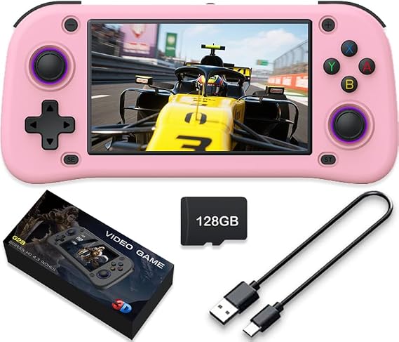 New Handheld Game Console,Built-in 64G with 15000 games,Linux System,Portable Handheld Video Game Console ，4.3 inch IPS Screen 30+ emulators& Linux System (Pink,128G)