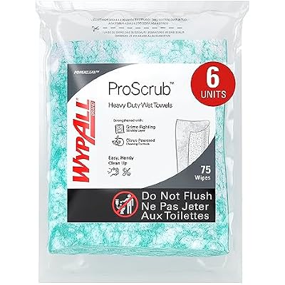 WypAll PowerClean ProScrub Heavy Duty Wet Towels 91367, Dual Action Cleaning, Large 9.5 x 12 Wipes, Refill Only 6 Packs of 75 Sheets, 450 Sheet Total