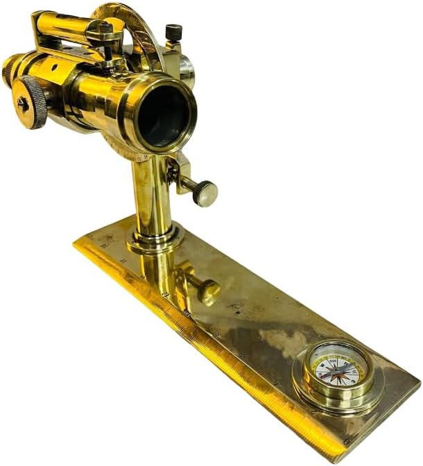 Vintage Brass Theodolite with Telescope and Compass, Surveying Instrument, 5.5x9.5 Inch Base, Optical Glass Lens