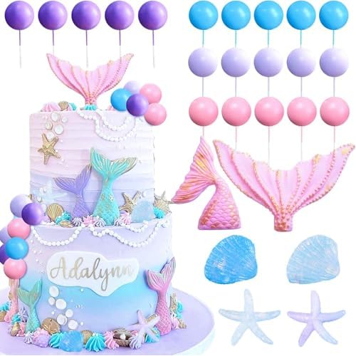 JeVenis Purple Pink Little Mermaid Cake Topper Under the Sea Cake Decoration Seashell Mermaid Tail Cake Topper Party Supplies