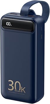 Mobile Power Supply 22.5W Super Fast Charging, 20W PD Fast Charging, 30000Mah Large Capacity, Smart Digital Display Power Bank,Blue
