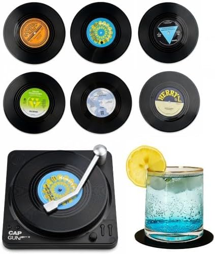 6 Pcs Retro Vinyl Record Coasters with Player Holder, Non-Slip Drink Coasters Set, Funny Music Gifts for Men, Vintage Bar Accessories for Home Pub, Retro Room Decor Housewarming Gifts
