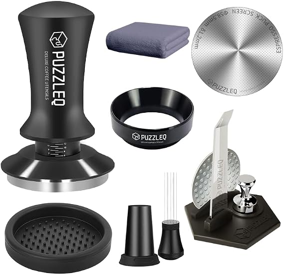 9 Pcs 58mm Espresso Accessories Kit, Spring Loaded Calibrated Tamper,mat,WDT Tool,Dosing Funnel,Puck Screen kit,Basket Removal Tool ,Cleaning ClothSet,Fits 58mm Espresso Coffee Machines(58MM)