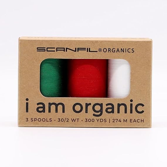 I Am Organic Thread - 3 Spools 30/2Wt 300Yd Each - GOTS and OEKO-TEX Certified (Holiday - Green, White and Red)