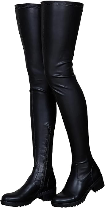 Women's Thigh High Boots Round Toe Low Chunky Heel Side Zipper