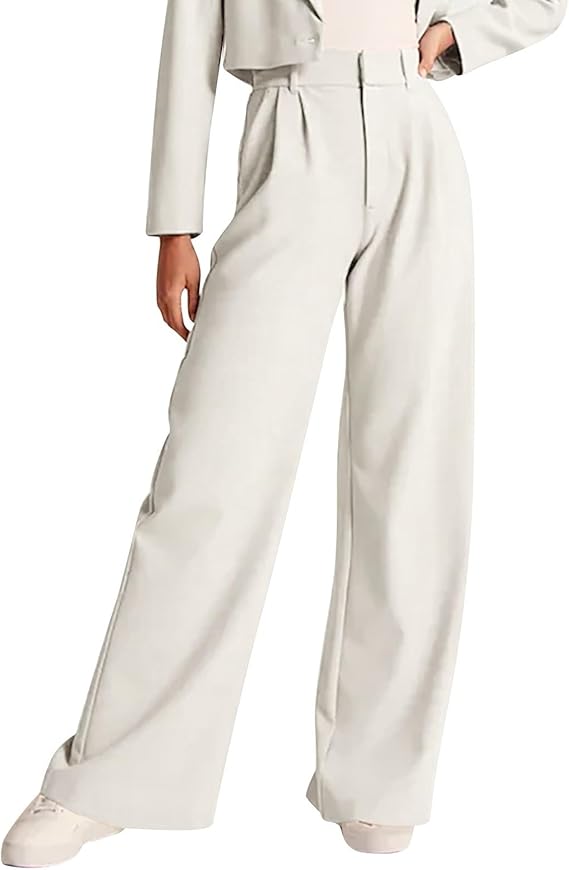 Lolvmvchi Womens Trousers Dressy Wide Leg Casual Palazzo Flowy Pleated Trouser Elastic High Waisted Loose Fit Lounge Pants