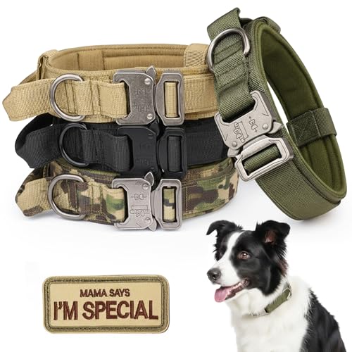KCUCOP Tactical Dog Collar with Handle,Adjustable Military Dog Collar with Metal Buckle and Patches,Heavy Duty Dog Collars for Medium and Large Dogs Militarygreen-L
