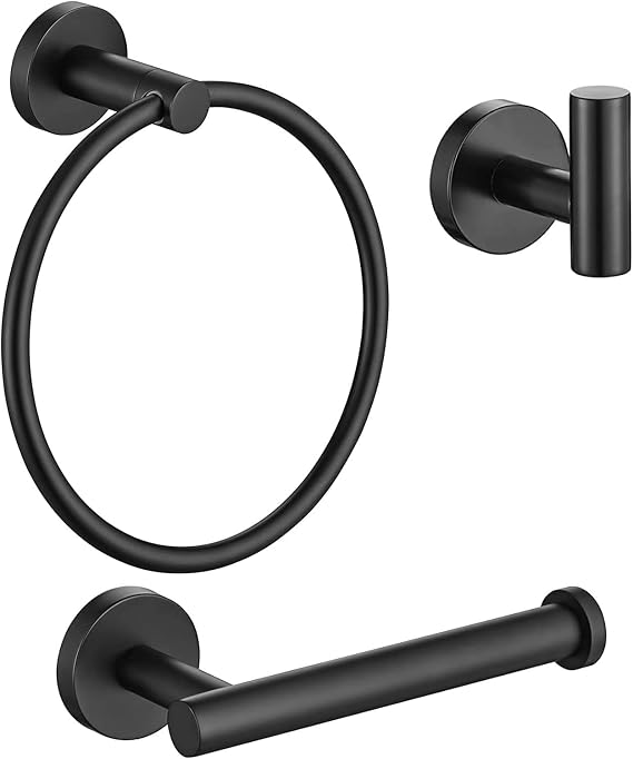 Toilet Roll Holder, Towel Ring & Hook, 3 PCS Bathroom Hardware Kit, Black | SUS304 Stainless Steel 180° Swivel Towel Holder, Wall Mounted Loo Roll Holder, Towel Hooks, 22mm Fixing Centres