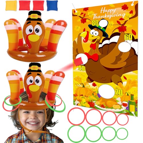 90shine 3Pcs Thanksgiving Turkey Ring Toss Games for Kids - Fall Bean Bag Inflatable Hat Toys for Adults Family Activities Party Favors Indoor Outdoor - Style 1