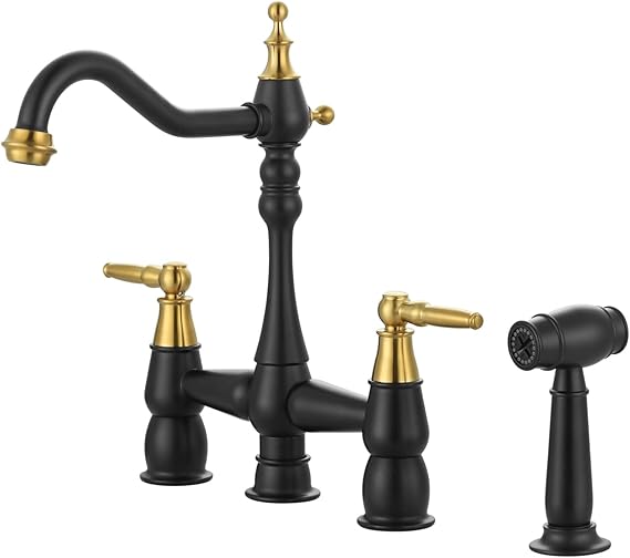 Kitchen Faucet Bridge with Side Sprayer, 4 Hole Brass Kitchen Faucet with 360 Swivel Tap, 2 Handle 8 Inch Vintage Faucet for Kitchen Sinks, Black Gold