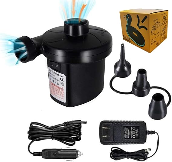 FBve Electric Air Pump, 100-240V AC/12V DC Portable Electric Air Mattress Pump, Quick-Fill Inflator/Deflator with 3 Nozzles for Outdoor Camping, Inflatable Cushions, Air Mattress Beds, Boat