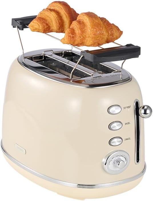 Wiltal Toaster Retro 2 Slice, Vintage White Toaster with Lid, with Bread Attachment, Preheat, Defrost And Cancel Functions, 6 Browning Levels (Beige)