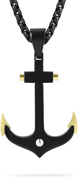 Buve Black Anchor Pendant Necklace - Nautical Pendant For Men With Gold Tips & 26 Inch Rolo Chain Pirate Necklace - Made From 316L Stainless Steel - Great Gift For Men, Boys Pirate Jewellery