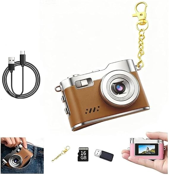 Mini Keychain Camera 1080P, Retro Digital Camera with 0.96'' Display & LED Flash, Portable Pocket Camera, Small Vintage Key Chain Camera for Travel Party, for Kids Friends (Brown-16G)